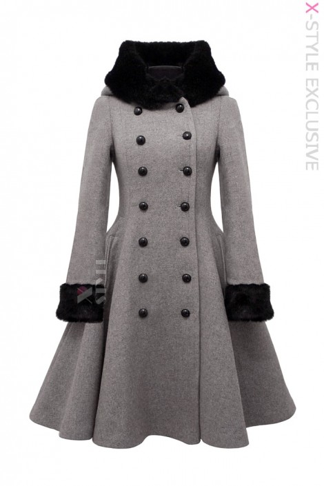 Зимнее шерстяное пальто с капюшоном и мехом X5086 (115086)