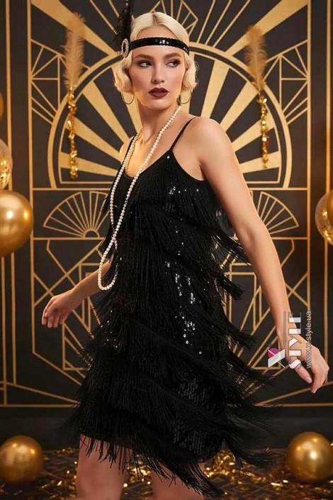 Блестящее черное платье с бахромой X5585 (105585)