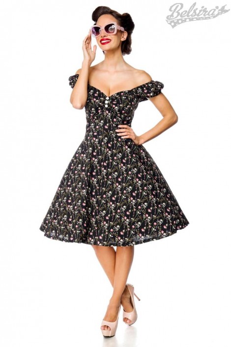 Цветочное ретро-платье с открытыми плечами (105551)