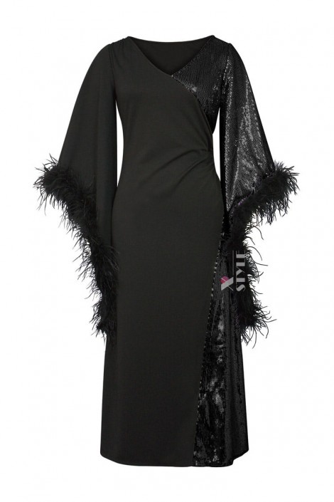 Элегантное черное платье с пайетками и перьями (105568)