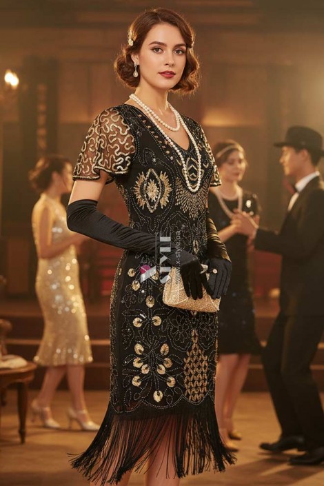 Винтажное платье с коротким рукавом, пайетками и бахромой (1055882)