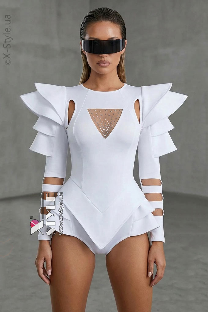 Futuristic White Bodysuit with Voluminous Details