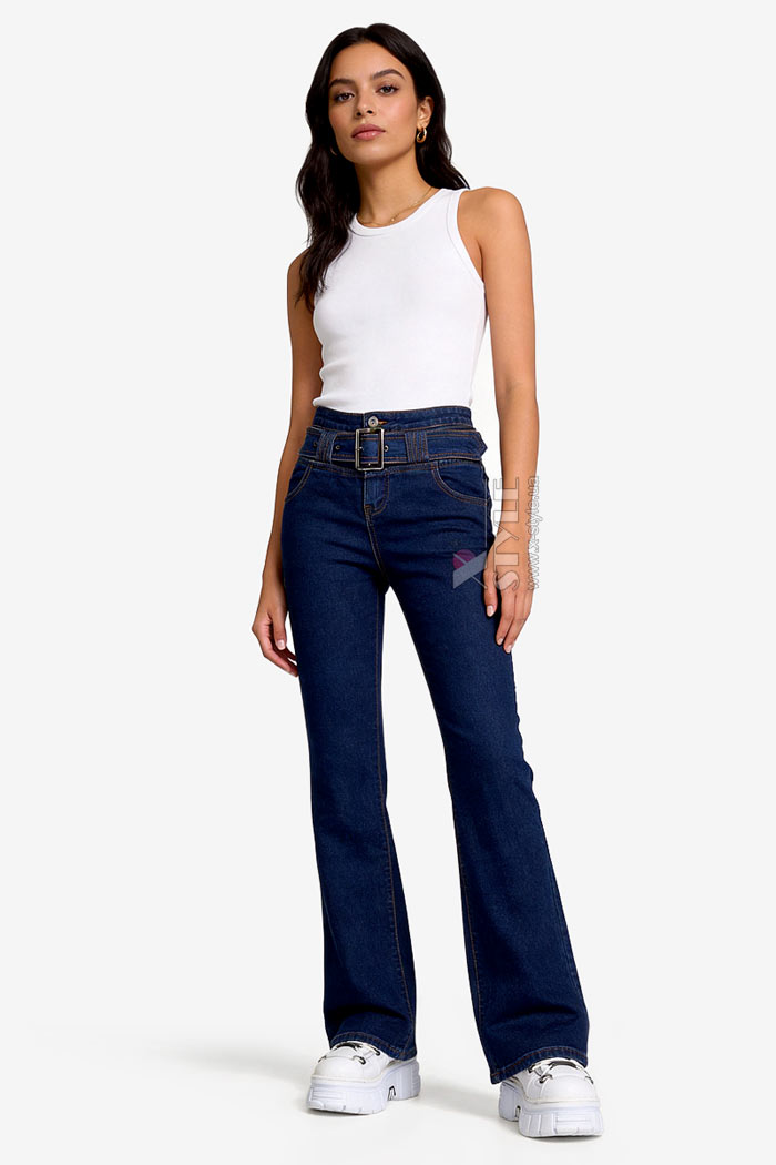 Сині джинси кльош з поясом X8117, 5