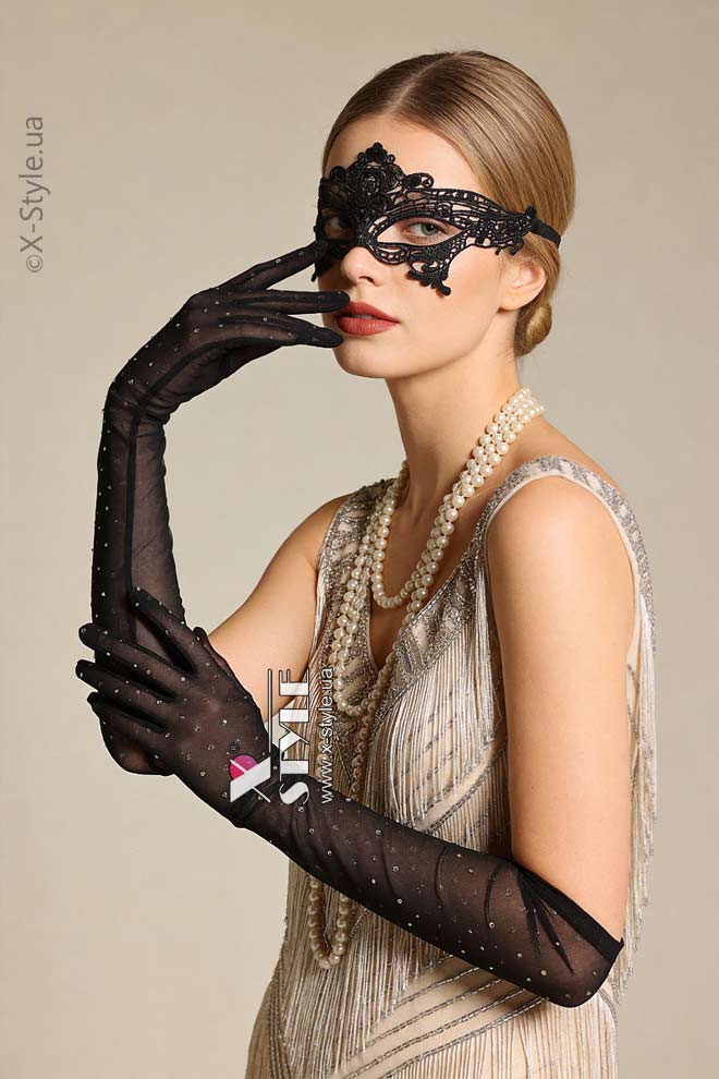Длинные прозрачные перчатки со стразами и маска, 3