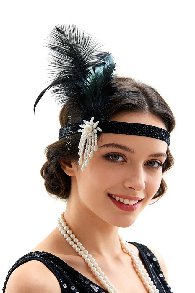 Повязка для волос с перьями и жемчужной подвеской, 3