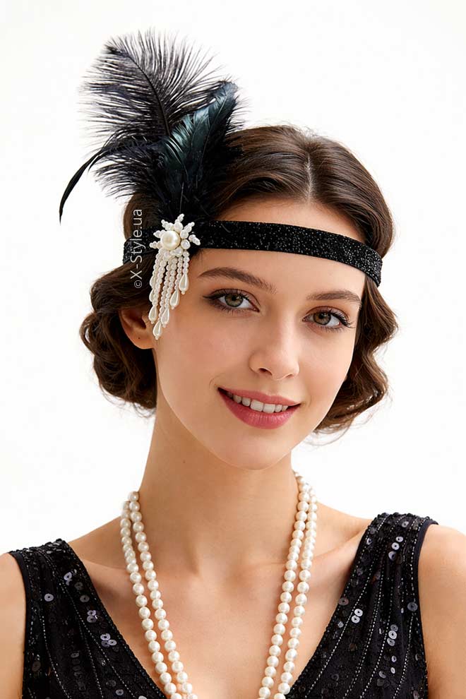 Повязка для волос с перьями и жемчужной подвеской, 5