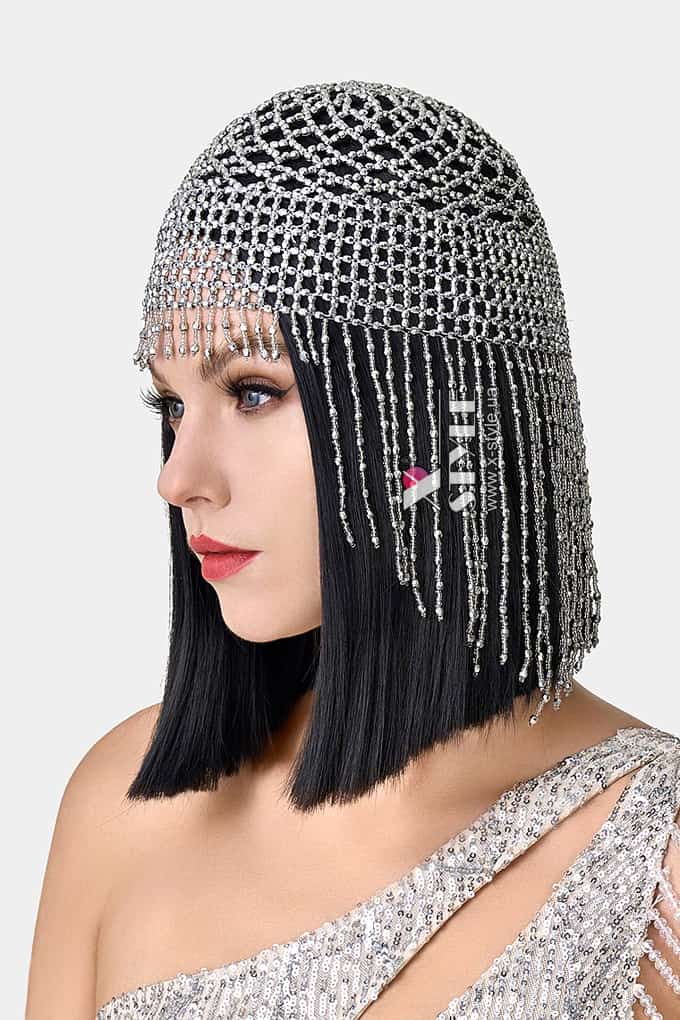 Серебристая шапочка из бисера MF2083, 7