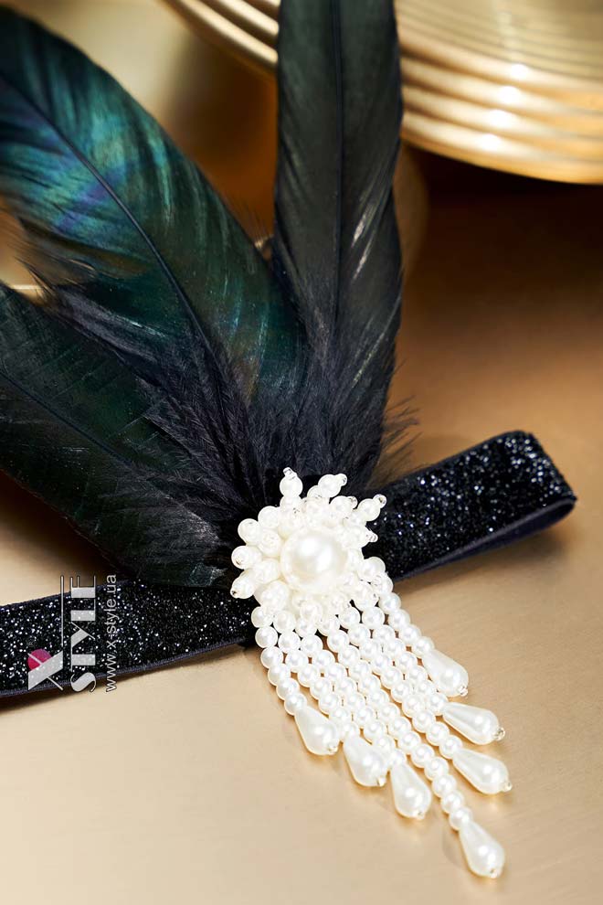 Повязка для волос с жемчугом и перьями UF257, 3