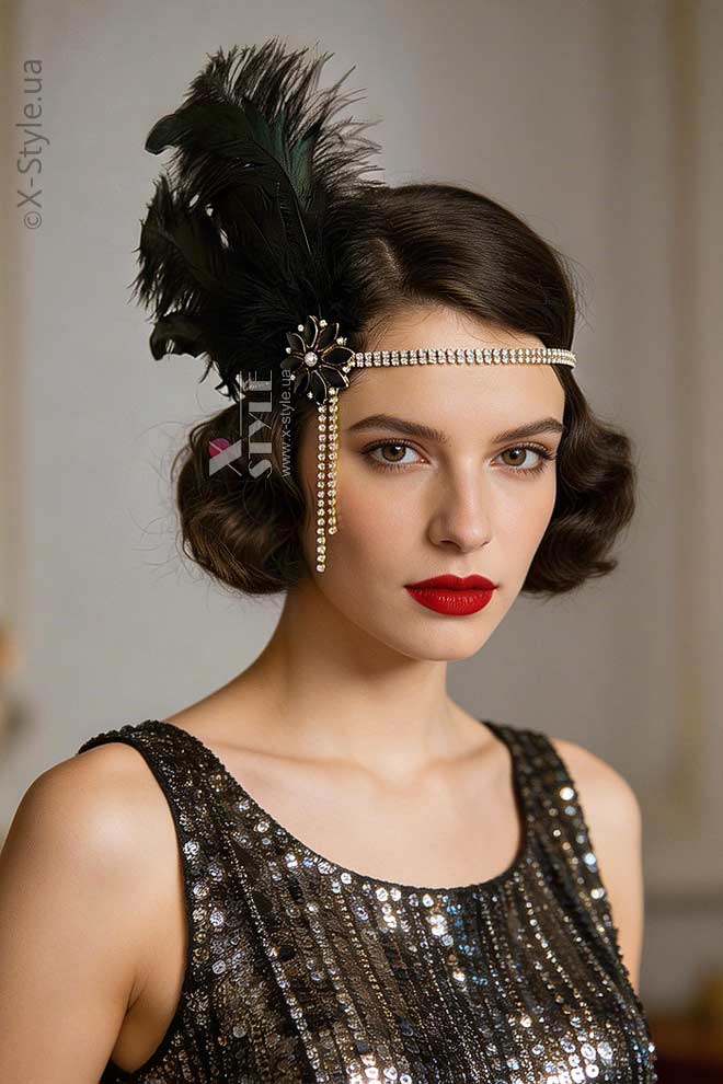 Повязка Gatsby с камнями и пышными перьями, 5