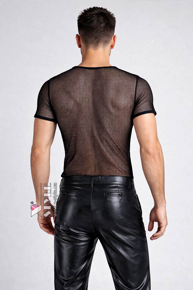 Приталенный черный топ сетка с коротким рукавом X024B, 3