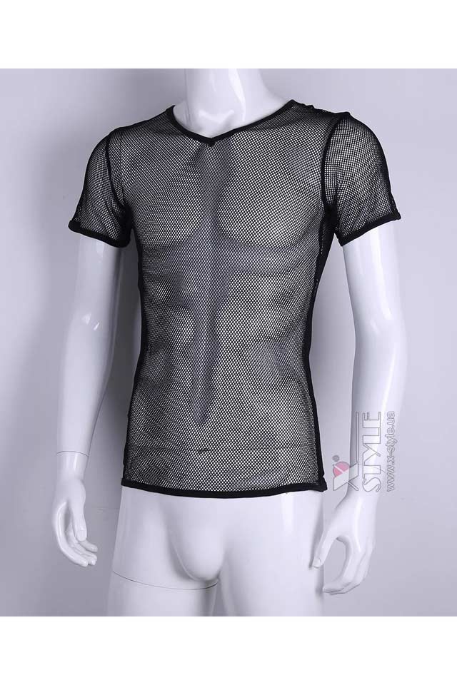 Приталенный черный топ сетка с коротким рукавом X024B, 9