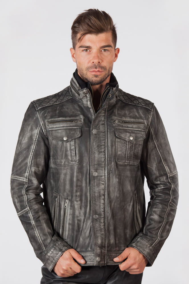 Серая мужская куртка из натуральной "состаренной" кожи MJ010S1, 5