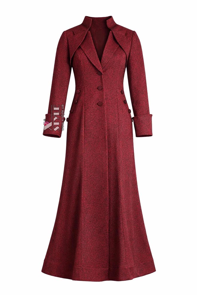 Длинное приталенное платье-пальто бордового цвета, 3