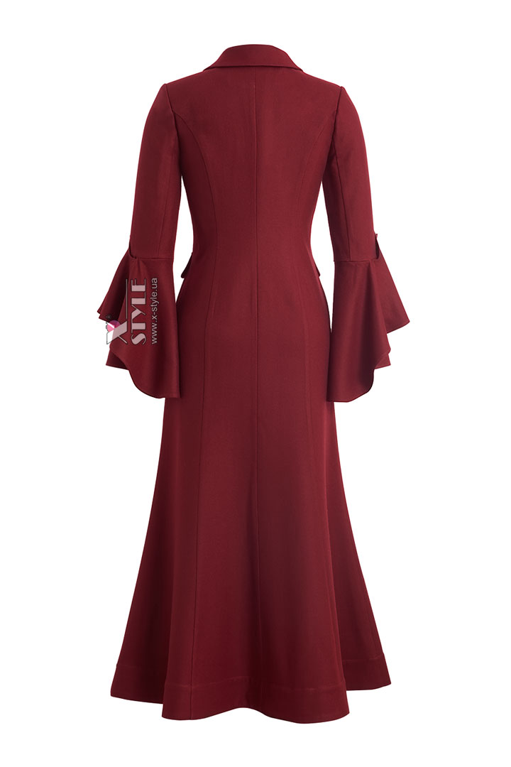 Длинное приталенное шерстяное платье-пальто бордового цвета, 5