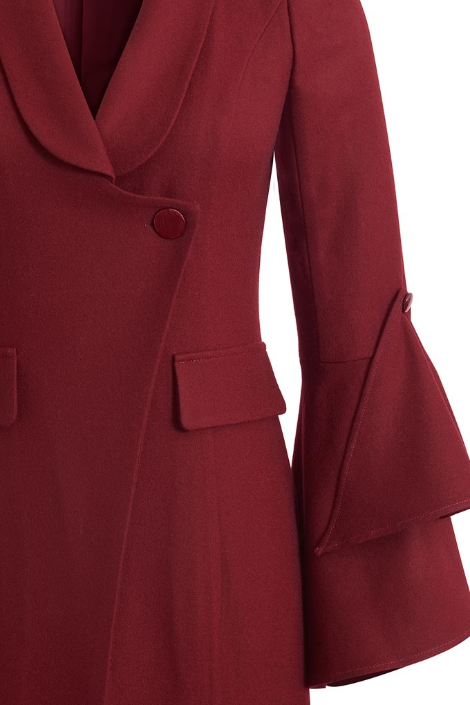 Длинное приталенное шерстяное платье-пальто бордового цвета, 7