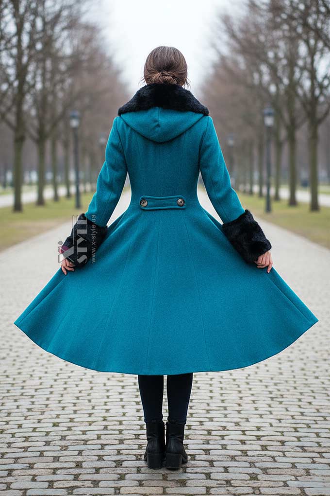 Зимове вовняне пальто з капюшоном та хутром X92, 5