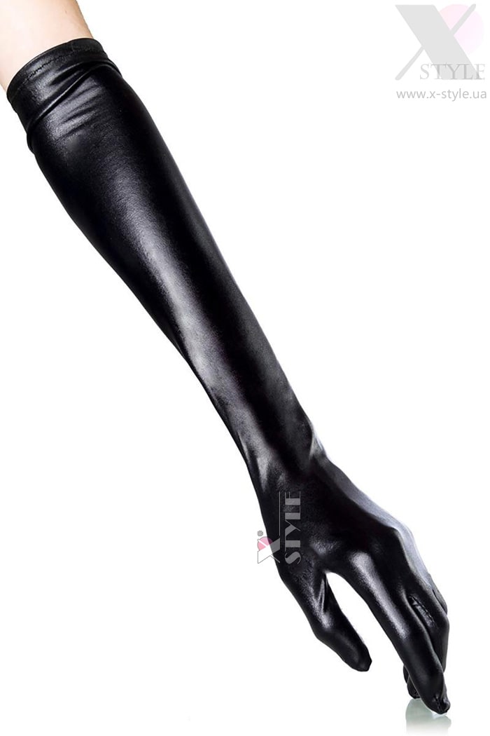 Long Shiny Wet Look Gloves - Black, 7