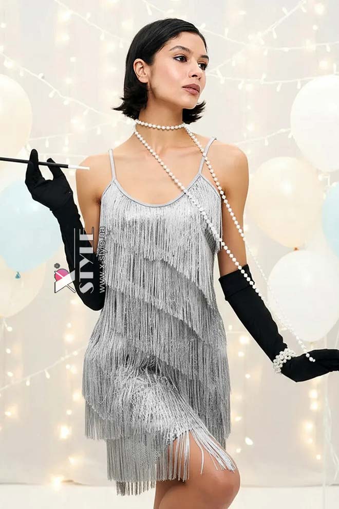 Блестящее серебристое платье с бахромой XC587, 11