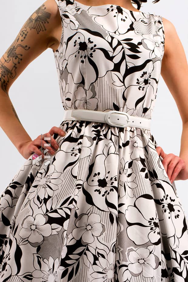 Цветочное хлопковое ретро-платье с поясом X5352, 7