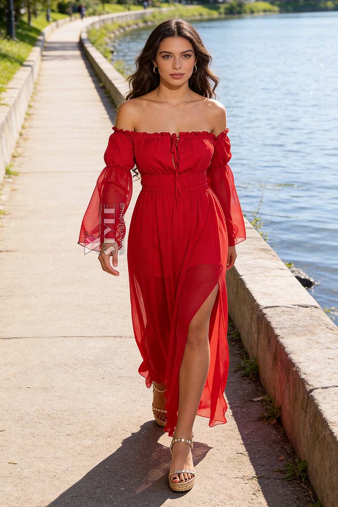 Long Red Summer Off Shoulder Dress, 11