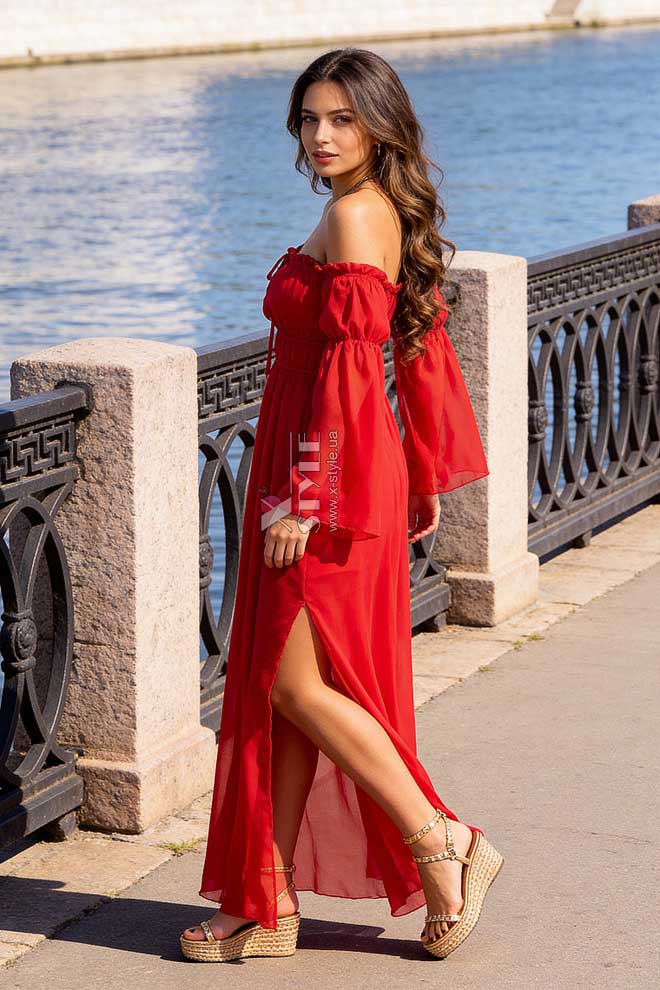 Long Red Summer Off Shoulder Dress, 5