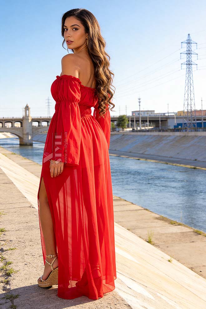 Long Red Summer Off Shoulder Dress, 3