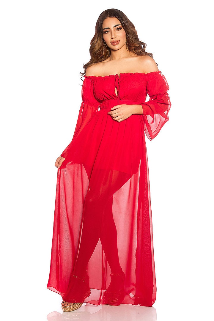 Красное шифоновое платье с открытыми плечами, 7