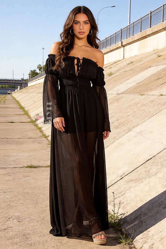 Long black summer dress with a "Carmen" neckline, 7