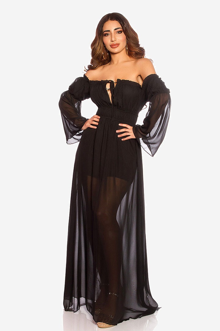 Довга чорна сукня з відкритими плечима KC513, 13