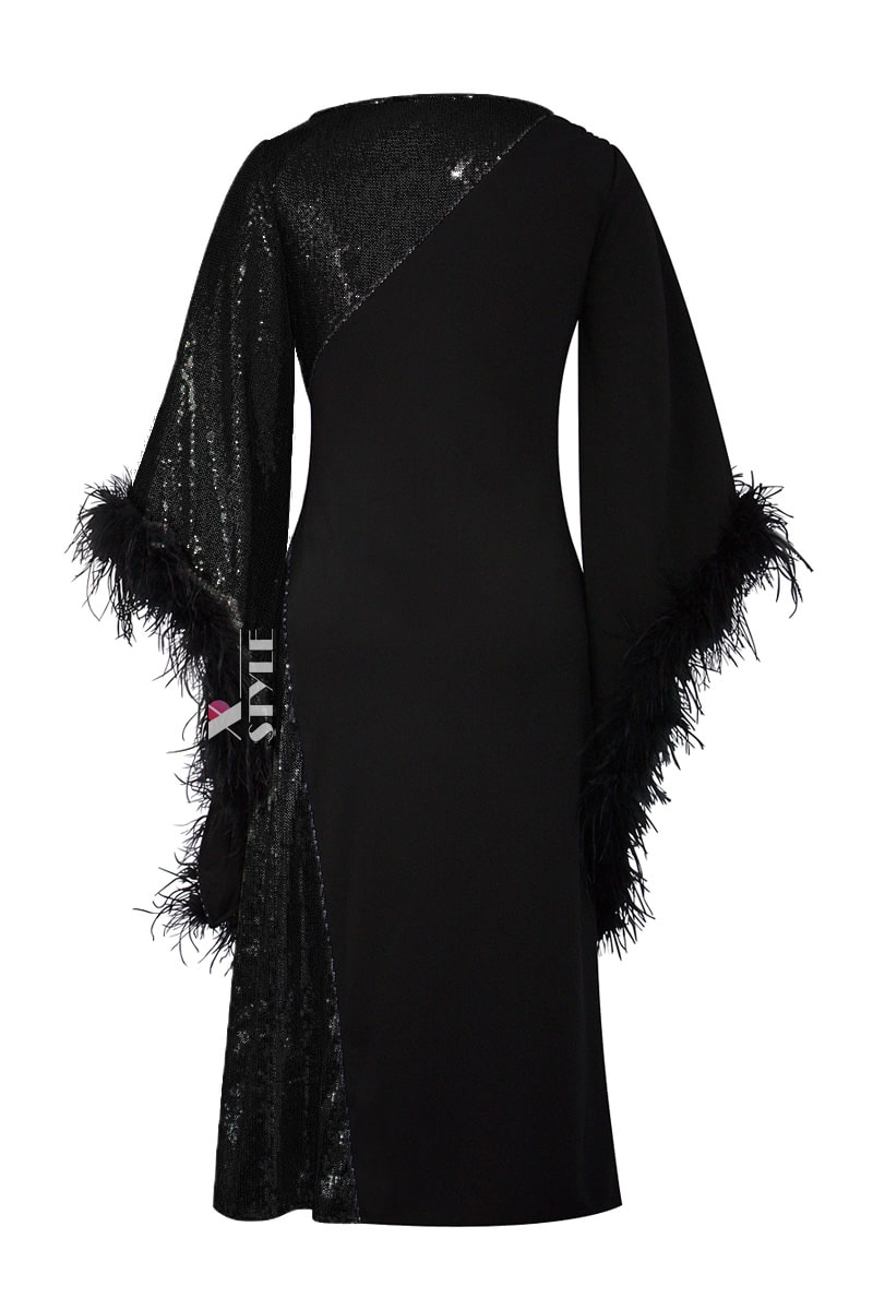 Элегантное черное платье с пайетками и перьями, 3
