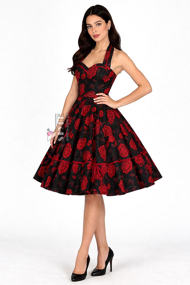 Винтажное платье с вырезом в форме сердца, черно-красное, 5