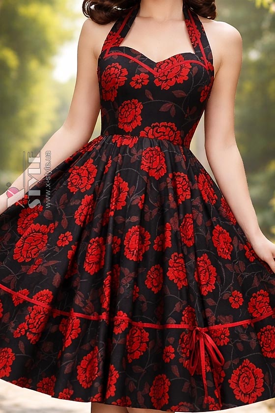 Винтажное платье с вырезом в форме сердца, черно-красное, 7