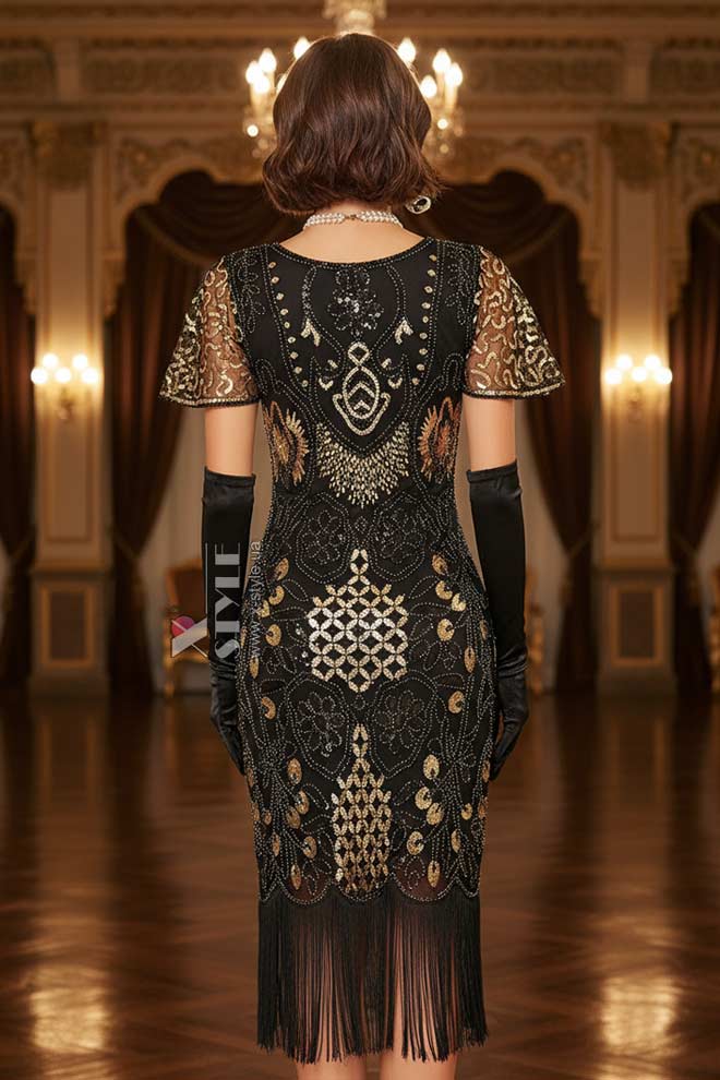 Винтажное платье с коротким рукавом, пайетками и бахромой, 5