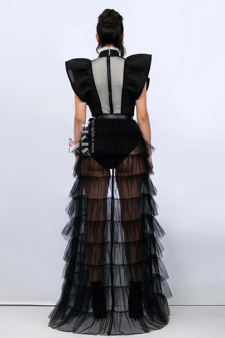 Длинная черная накладная юбка-шлейф X72171, 5