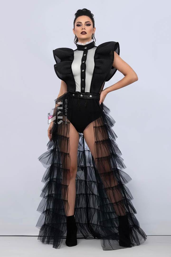 Длинная черная накладная юбка-шлейф X72171